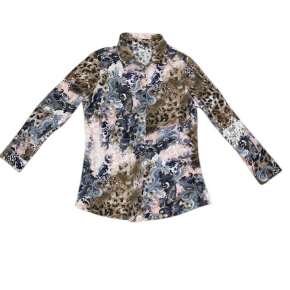 Soft Surroundings Paisley‎ Leopard Print Button Down Long Sleeve Top Sz Med